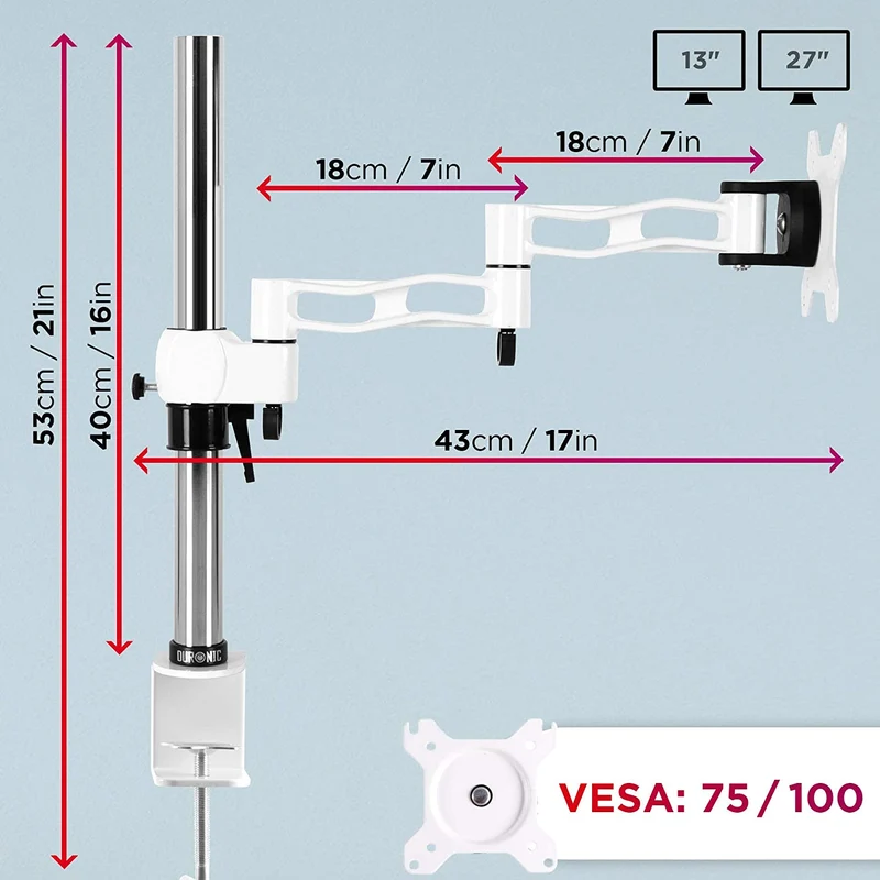 Duronic DM351X3 WE Braccio per un monitor da 13 a 27 pollici | Supporto per schermo singolo | Inclinazione e altezza regolabile | VESA 75 100 | Supporto monitor PC ergonomico con morsetto | Bianco