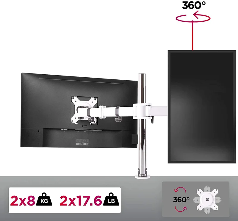 Duronic DM252 WE Supporto Monitor doppio per 2 schermi da 13-27 pollici, Braccio monitor PC ergonomico fino 8kg, VESA 75/100, regolabile altezza inclinazione girevole, per ufficio casa scuola, bianco