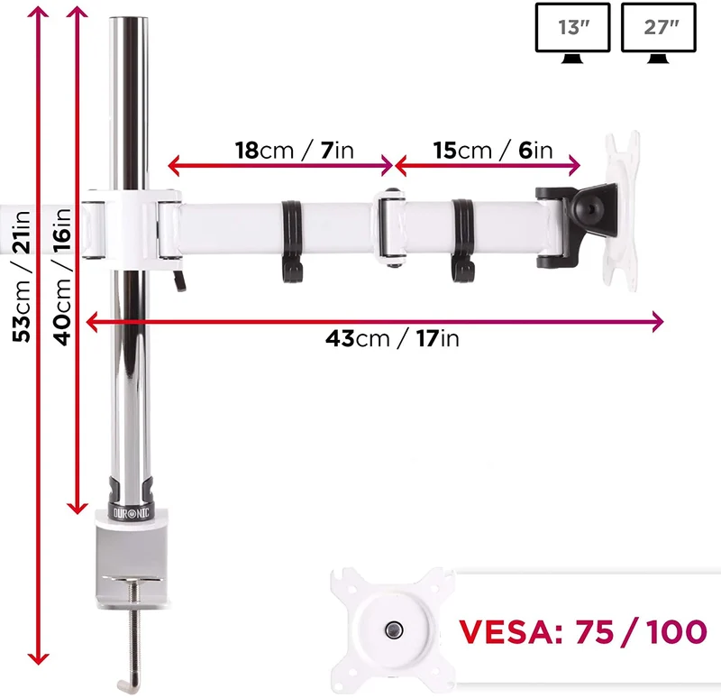 Duronic DM252 WE Supporto Monitor doppio per 2 schermi da 13-27 pollici, Braccio monitor PC ergonomico fino 8kg, VESA 75/100, regolabile altezza inclinazione girevole, per ufficio casa scuola, bianco