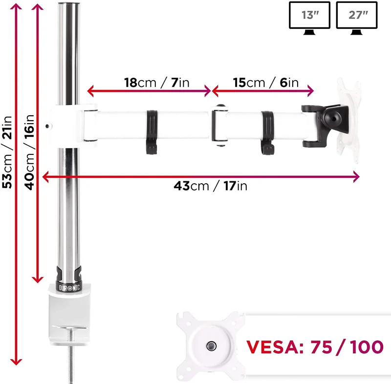 Duronic DM251X3 WE Braccio per un monitor da 13 a 27 pollici | Supporto per schermo singolo | Inclinazione e altezza regolabile | VESA 75 100 | Supporto monitor ergonomico articolato per PC e morsetto