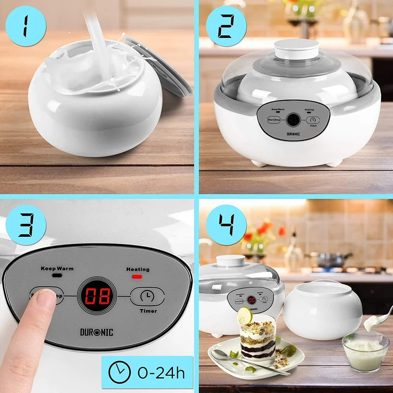 Duronic YM1 Yogurtiera elettrica automatica  1 vasetto in ceramica da 1.5 litri - Macchina per yogurt con display digitale timer impostabile - Ideale per preparare yogurt fatti in casa