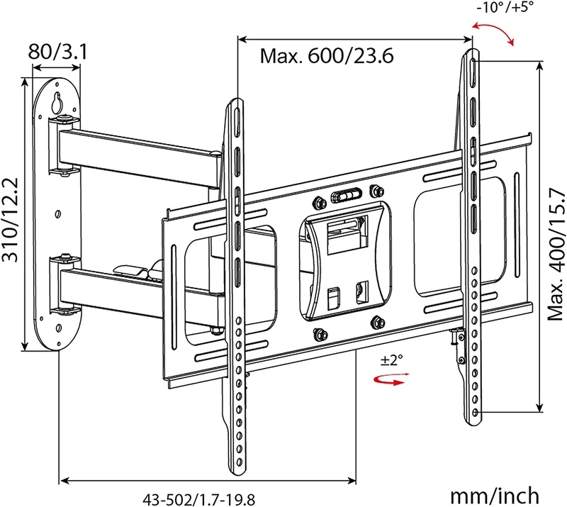 Duronic TVB109M Supporto TV da parete per TV da 32a 70 portata 35kg | VESA MAX 600 x 400 mm con braccio girevole ed estendibile da 4 a 50cm | Staffa snodata inclinabile per TV o monitor