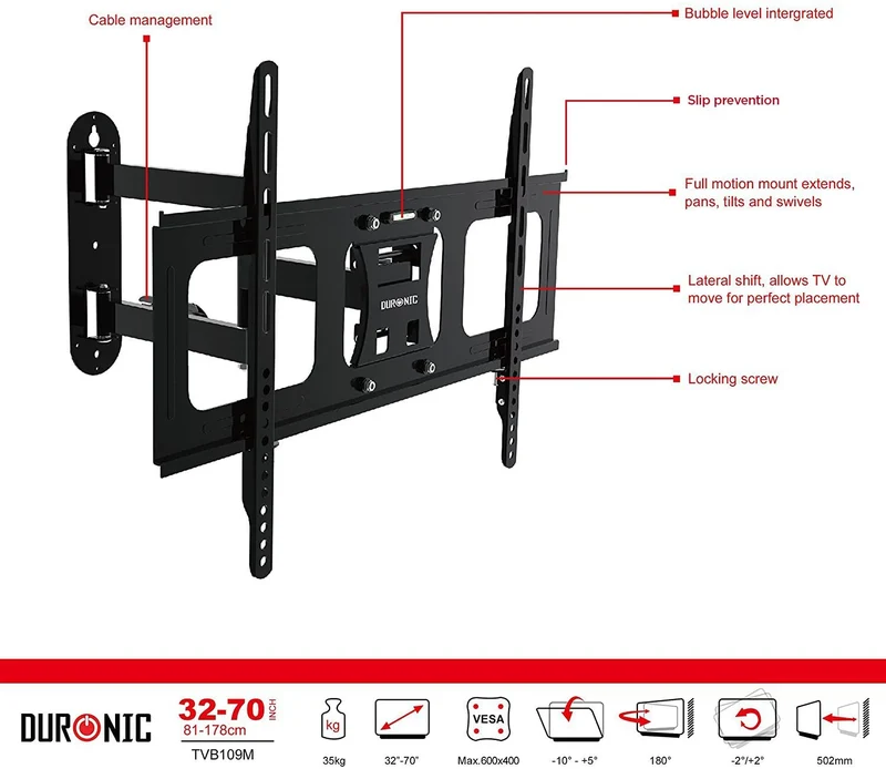 Duronic TVB109M Supporto TV da parete per TV da 32a 70 portata 35kg | VESA MAX 600 x 400 mm con braccio girevole ed estendibile da 4 a 50cm | Staffa snodata inclinabile per TV o monitor