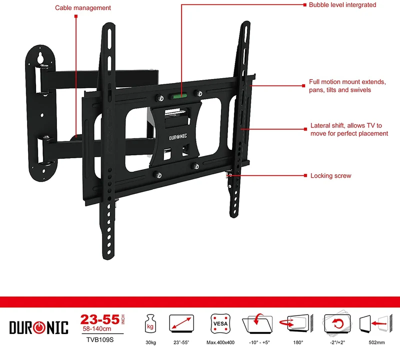 Duronic TVB109S Supporto TV da parete per TV da 23-55 portata 30kg | VESA MAX 400 x 400 mm con braccio girevole ed estendibile da 4 a 50cm | Staffa snodata inclinabile per TV o monitor