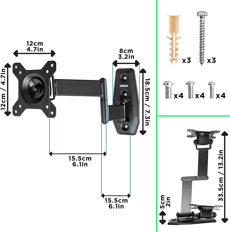 Duronic TVB1120 Supporto TV da parete regolabile e articolato per schermi LED LCD curvi monitor 13  30 portata 18kg  ultra sottile compatibile con vesa 100 x 100 mm