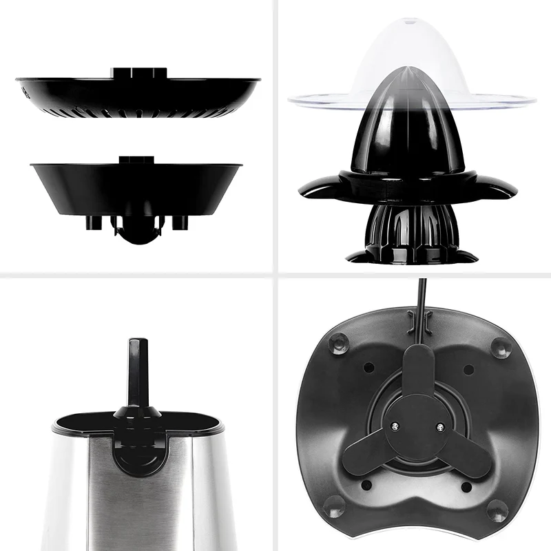 Duronic JE6 SR Spremiagrumi elettrico 100W, Estrattore in acciaio inox, Spremiagrumi automatico con filtro, Spremitore con 2 coni, per succo di arancia limone lime pompelmo, Beccuccio anti-goccia