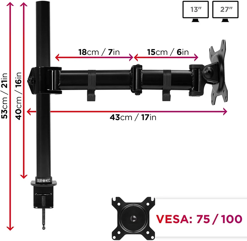 Duronic DM251X3 BK Braccio per un monitor da 13 a 27 pollici | Supporto per schermo singolo | Inclinazione e altezza regolabile | VESA 75 100 | Supporto monitor ergonomico articolato per PC e morsetto