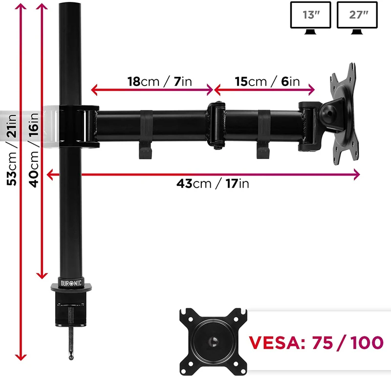Duronic DM252 BK Supporto Monitor doppio per 2 schermi da 13-27 pollici, Braccio monitor PC ergonomico fino 8kg, VESA 75/100mm, regolabile altezza inclinazione girevole, per ufficio casa scuola, nero