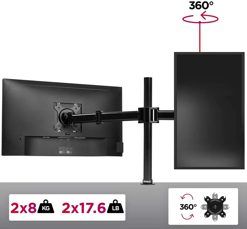 Duronic DM252 BK Supporto Monitor doppio per 2 schermi da 13-27 pollici, Braccio monitor PC ergonomico fino 8kg, VESA 75/100mm, regolabile altezza inclinazione girevole, per ufficio casa scuola, nero