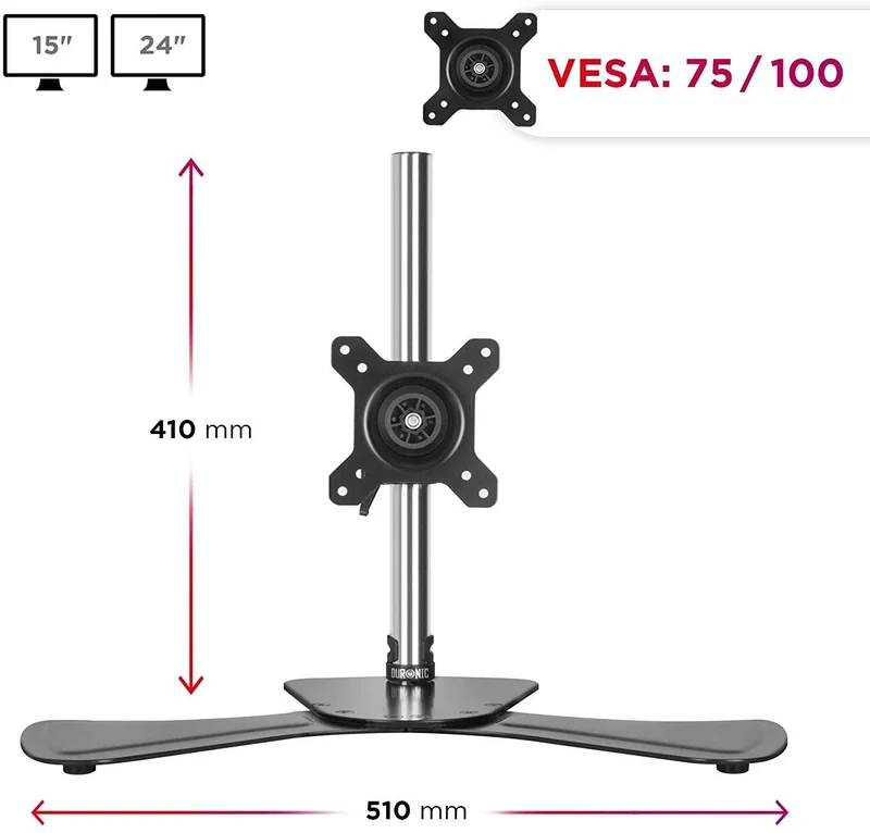 Duronic DM751 Supporto per 1 monitor - Base in acciaio per schermi fino a 24" - Altezza regolabile - Guida in alluminio per schermi fino a 8 kg - Inclinazione +/-15° - Rotazione schermi 360°