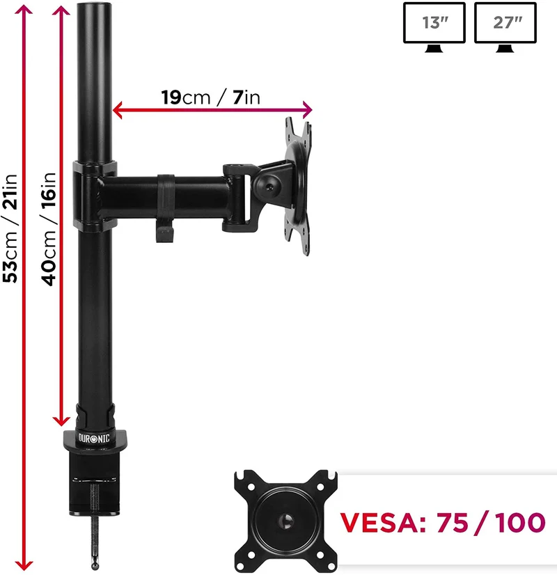 Duronic DM251X2 BK Braccio per un monitor da 13 a 27 pollici | Supporto per schermo singolo | Inclinazione e altezza regolabile | VESA 75 100 | Supporto monitor ergonomico articolato per PC e morsetto