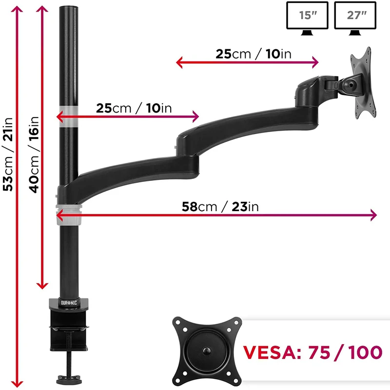Duronic DM451X3 BK Braccio per un monitor da 15 a 27 pollici | Supporto per schermo singolo | Inclinazione e altezza regolabile | VESA 75 100 | Supporto monitor PC ergonomico con morsetto
