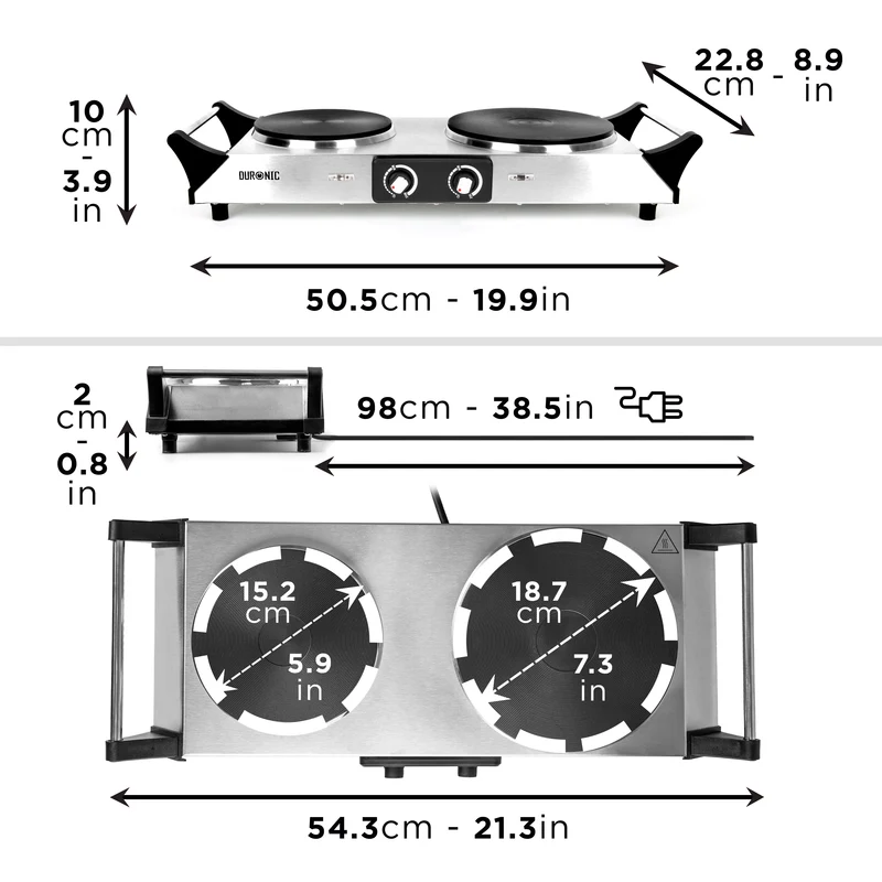 Duronic HP2 SS Fornello Elettrico 2500W, 2 Piastre in Ghisa con Manici Termoisolati, Temperatura Regolabile, Piano Cottura Portatile per Campeggio Viaggi Ufficio e Casa, Acciaio Inox Argento