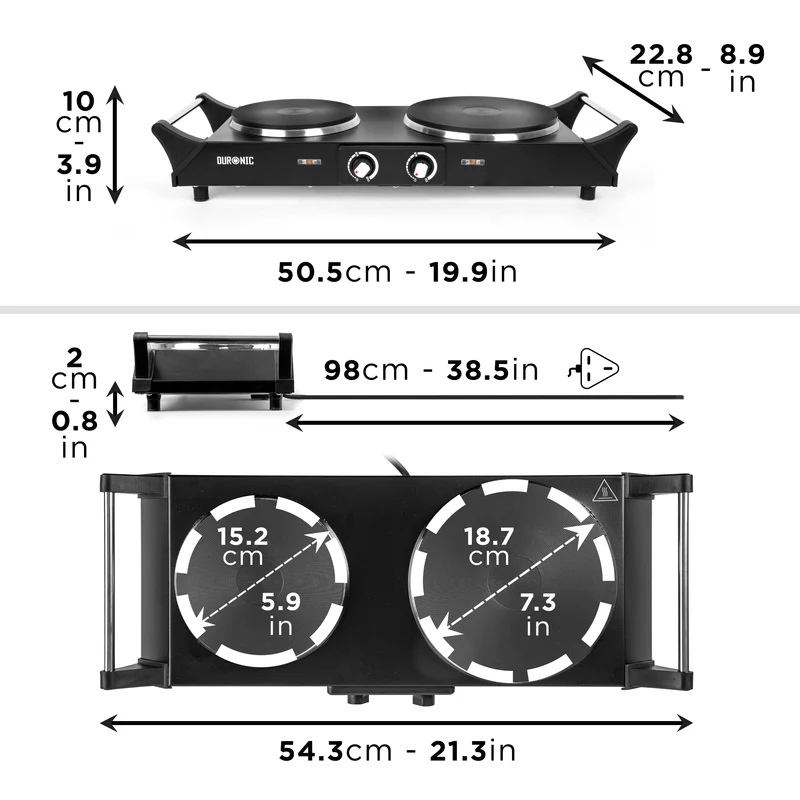 Duronic HP2 BK Fornello Elettrico, 2500W 2 Piastre in Ghisa con Manici Termoisolati, Temperatura Regolabile, Piano Cottura, Portatile per Campeggio, Viaggi, Ufficio e Casa Acciaio