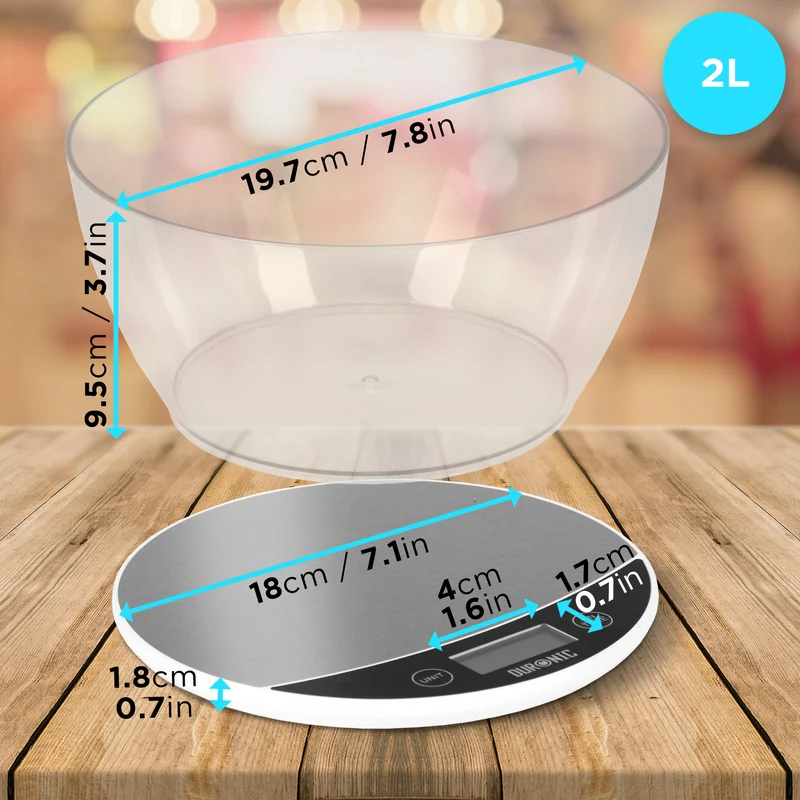 Duronic KS3000 Bilancia da cucina display digitale - Bilancia ad alta precisione - Portata 1g / 5 kg con ciotola da 2L - Piattaforma argento e bianca - Funzione Tara - Per cucina e pasticceria