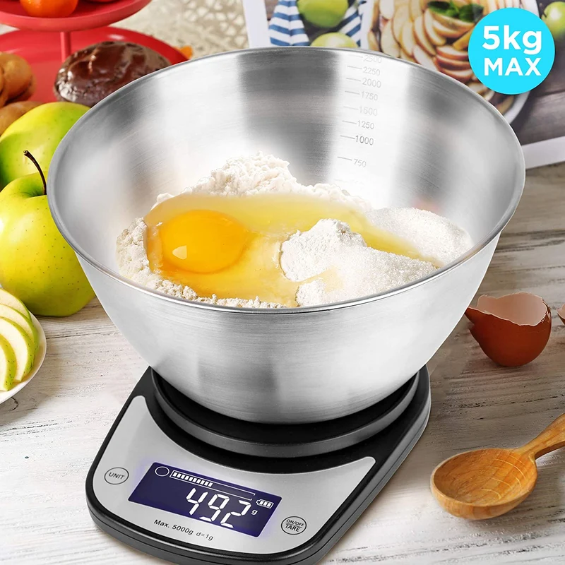 Duronic KS5000 BK/SS Bilancia da cucina digitale | Portata da 1g a 5kg | Ciotola in acciaio INOX 2,5L | Grande display retroilluminato | Funzione Tara | Bilancia ad alta precisione nera