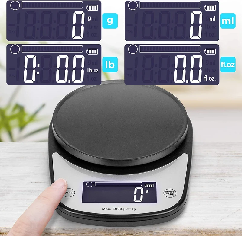 Duronic KS5000 BK/SS Bilancia da cucina digitale | Portata da 1g a 5kg | Ciotola in acciaio INOX 2,5L | Grande display retroilluminato | Funzione Tara | Bilancia ad alta precisione nera