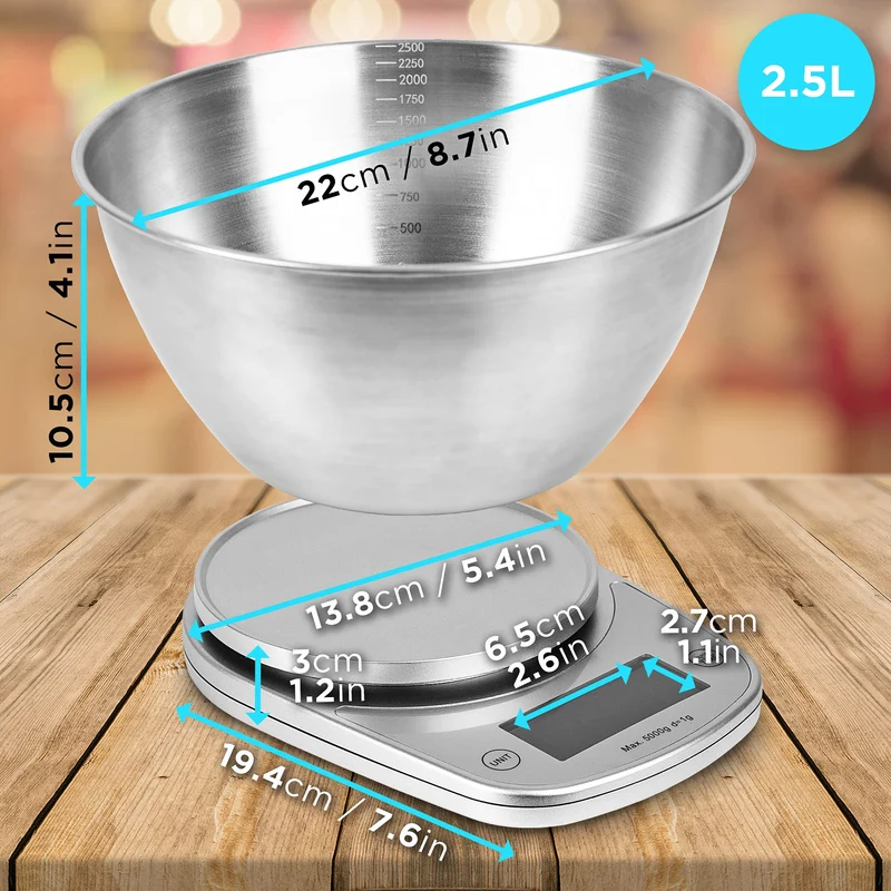 Duronic KS5000 SR/SS Bilancia da cucina digitale | Portata da 1g a 5kg | Ciotola in acciaio INOX 2,5L | Grande display retroilluminato | Funzione Tara | Bilancia ad alta precisione argento