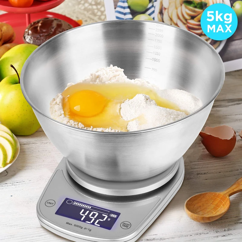 Duronic KS5000 SR/SS Bilancia da cucina digitale | Portata da 1g a 5kg | Ciotola in acciaio INOX 2,5L | Grande display retroilluminato | Funzione Tara | Bilancia ad alta precisione argento