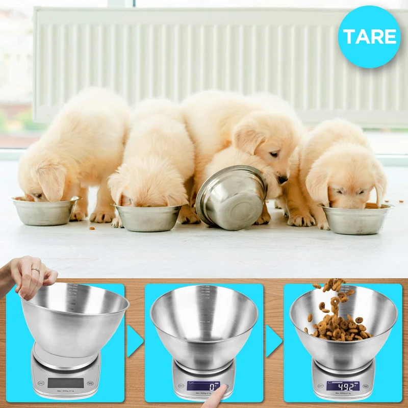Duronic KS5000 SR/SS Bilancia da cucina digitale | Portata da 1g a 5kg | Ciotola in acciaio INOX 2,5L | Grande display retroilluminato | Funzione Tara | Bilancia ad alta precisione argento