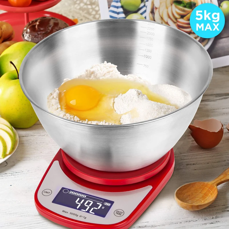 Duronic KS5000 RD/SS Bilancia da cucina digitale | Portata da 1g a 5kg | Ciotola in acciaio INOX 2,5L | Grande display retroilluminato | Funzione Tara | Bilancia ad alta precisione rossa
