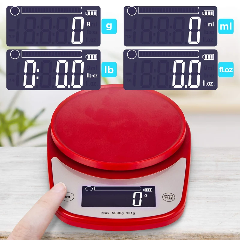 Duronic KS5000 RD/SS Bilancia da cucina digitale | Portata da 1g a 5kg | Ciotola in acciaio INOX 2,5L | Grande display retroilluminato | Funzione Tara | Bilancia ad alta precisione rossa