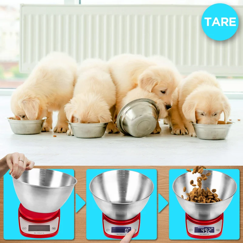 Duronic KS5000 RD/SS Bilancia da cucina digitale | Portata da 1g a 5kg | Ciotola in acciaio INOX 2,5L | Grande display retroilluminato | Funzione Tara | Bilancia ad alta precisione rossa