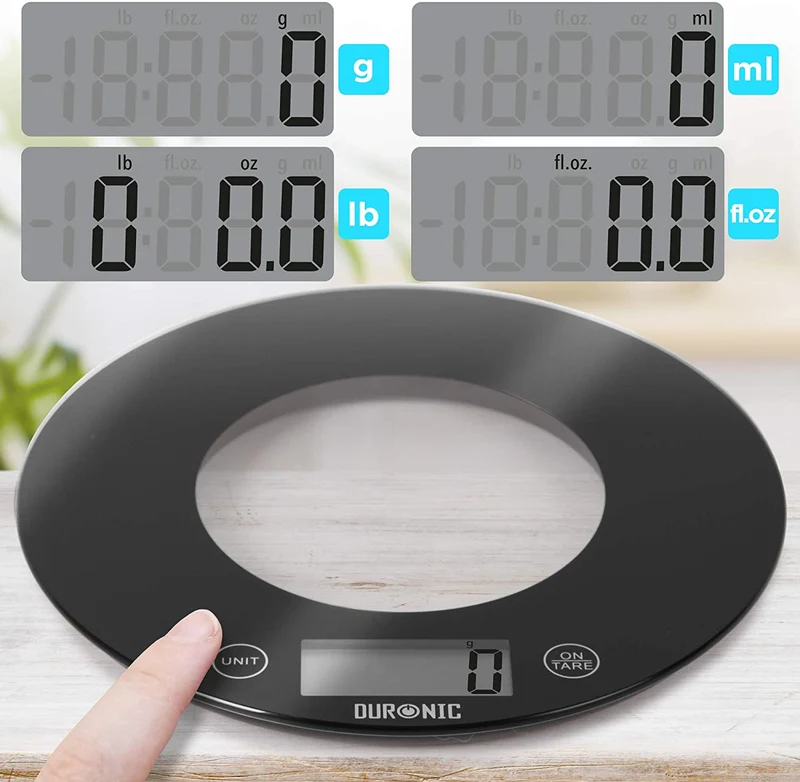 Duronic KS7000 Bilancia da cucina - Bilancia ad alta precisione con display digitale - Portata 1g / 10 kg con ciotola da 2L - Piattaforma nera e trasparente - Funzione Tara