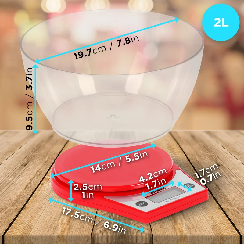 Duronic KS6000 RD Bilancia da cucina - Bilancia ad alta precisione con display digitale retro illuminato - Portata 1g / 5 kg con ciotola da 2L - Piattaforma nera - Funzione Tara