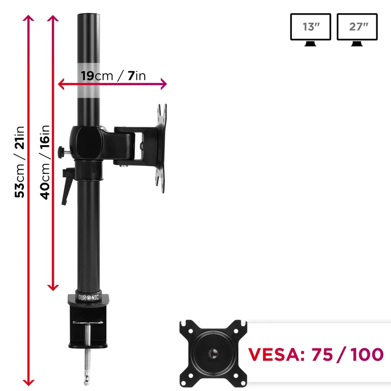 Duronic DM351X1 BK Braccio per un monitor da 13 a 27 pollici | Supporto per schermo singolo | Inclinazione e altezza regolabile | VESA 75 100 | Supporto monitor PC ergonomico con morsetto