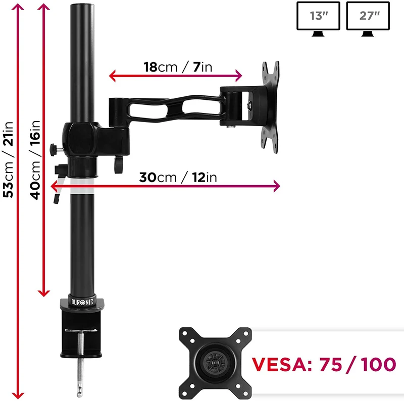 Duronic DM351X2 BK Braccio per un monitor da 13 a 27 pollici | Supporto per schermo singolo | Inclinazione e altezza regolabile | VESA 75 100 | Supporto monitor PC ergonomico con morsetto