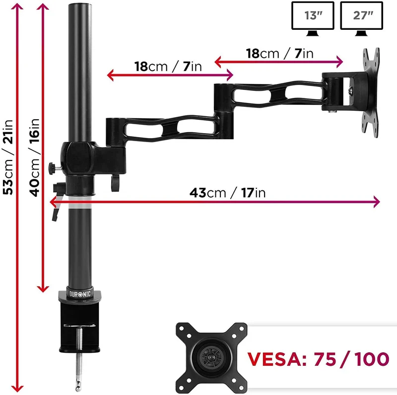 Duronic DM351X3 BK Braccio per un monitor da 13 a 27 pollici | Supporto per schermo singolo | Inclinazione e altezza regolabile | VESA 75 100 | Supporto monitor PC ergonomico con morsetto | Nero
