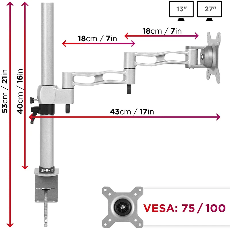 Duronic DM351X3 SR Braccio per un monitor da 13 a 27 pollici | Supporto per schermo singolo | Inclinazione e altezza regolabile | VESA 75 100 | Supporto monitor PC ergonomico con morsetto | Argento