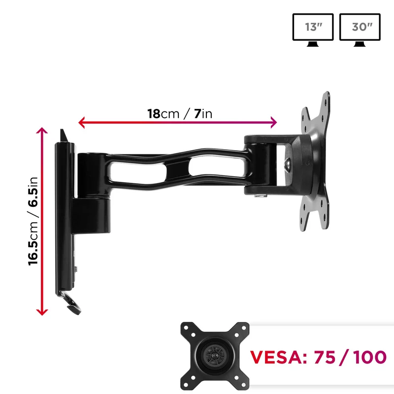 Duronic DM35W1X2 Supporto monitor da parete | Per schermi da 13 a 30 pollici | Inclinazione regolabile | Capacità 20 kg |VESA 70 100 | Supporto ergonomico murale | Con ganci gestione cavi | Universale