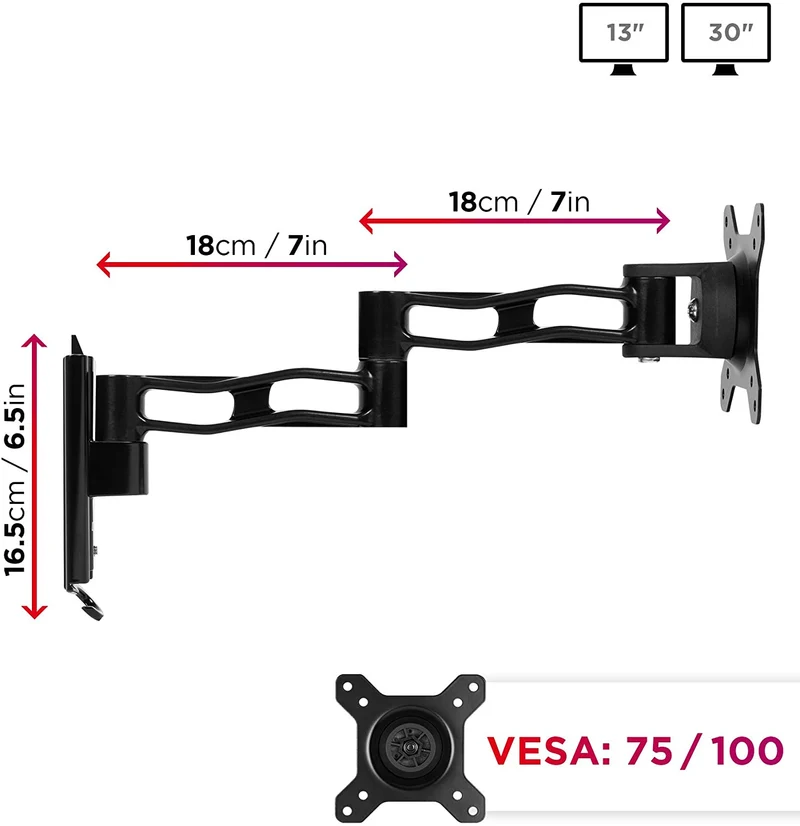 Duronic DM35W1X3 Supporto monitor da parete | Per schermi da 13 a 30 pollici | Inclinazione regolabile | Capacità 20 kg |VESA 70 100 | Supporto ergonomico murale | Con ganci gestione cavi | Universale