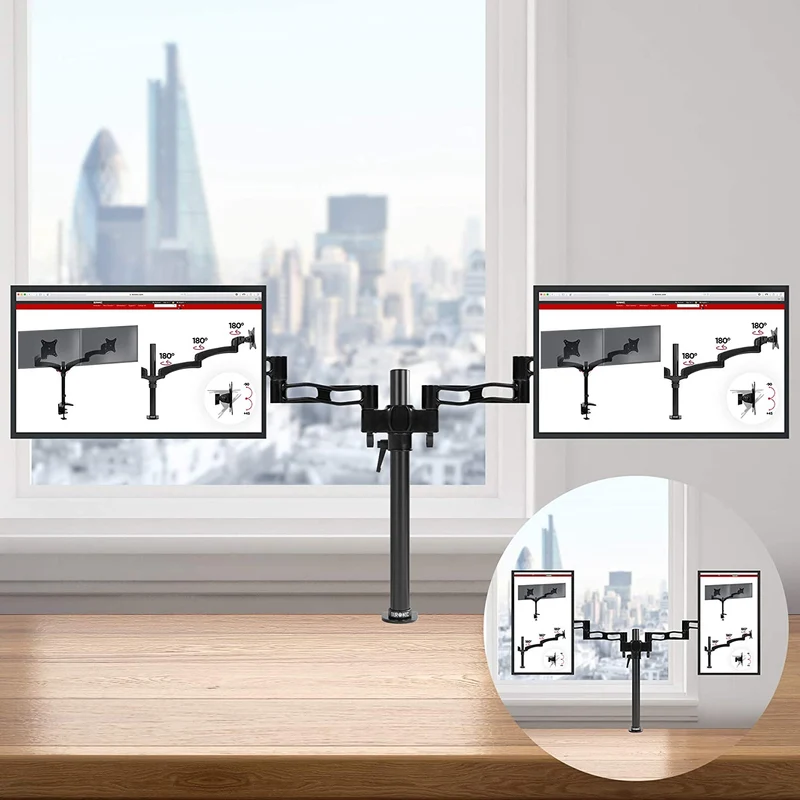 Duronic DM352 BK Supporto Monitor doppio per 2 schermi da 13-27 pollici, Braccio monitor PC ergonomico fino 8kg, VESA 75/100mm, regolabile altezza inclinazione girevole, per ufficio casa scuola, nero