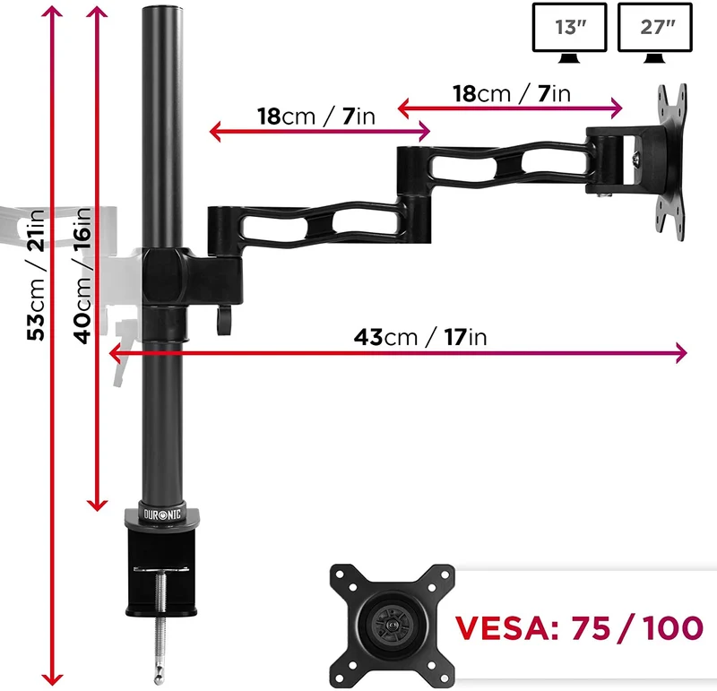 Duronic DM352 BK Supporto Monitor doppio per 2 schermi da 13-27 pollici, Braccio monitor PC ergonomico fino 8kg, VESA 75/100mm, regolabile altezza inclinazione girevole, per ufficio casa scuola, nero
