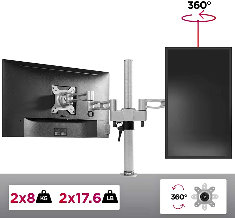 Duronic DM352 SR Braccio per 2 monitor da 13 a 27 pollici | Supporto schermi doppio | Inclinazione e altezza regolabile | VESA 75 100 | Supporto monitor ergonomico doppio articolato per PC argento
