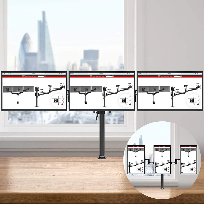 Duronic DM353 BK Braccio per 3 monitor da 13 a 22 pollici | Supporto schermi doppio | Inclinazione e altezza regolabile | VESA 75 100 | Supporto monitor ergonomico doppio articolato per PC nero