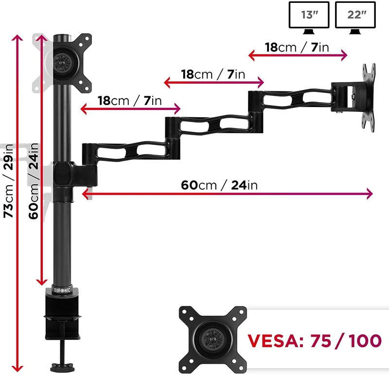 Duronic DM353 BK Braccio per 3 monitor da 13 a 22 pollici | Supporto schermi doppio | Inclinazione e altezza regolabile | VESA 75 100 | Supporto monitor ergonomico doppio articolato per PC nero