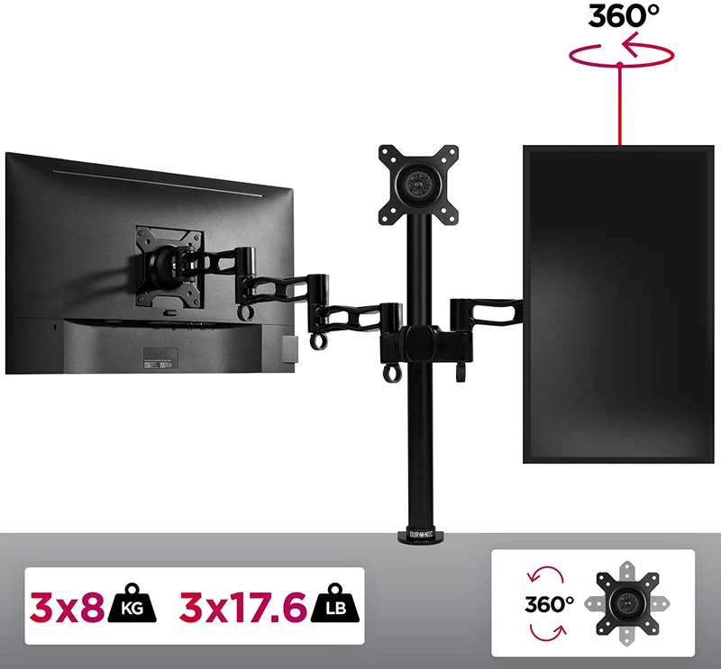 Duronic DM353 BK Braccio per 3 monitor da 13 a 22 pollici | Supporto schermi doppio | Inclinazione e altezza regolabile | VESA 75 100 | Supporto monitor ergonomico doppio articolato per PC nero