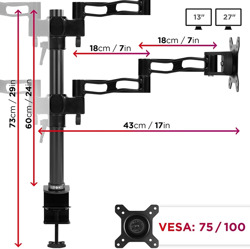 Duronic DM354 BK Braccio per 4 monitor da 13 a 27 pollici | Supporto schermi doppio | Inclinazione e altezza regolabile | VESA 75 100 | Supporto monitor ergonomico doppio articolato per PC nero