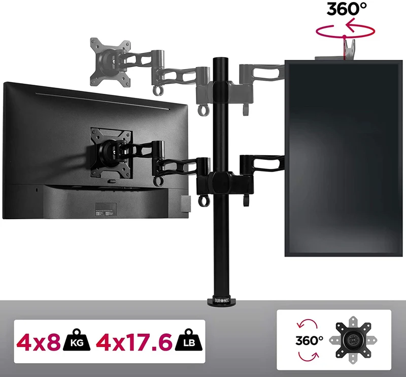 Duronic DM354 BK Braccio per 4 monitor da 13 a 27 pollici | Supporto schermi doppio | Inclinazione e altezza regolabile | VESA 75 100 | Supporto monitor ergonomico doppio articolato per PC nero