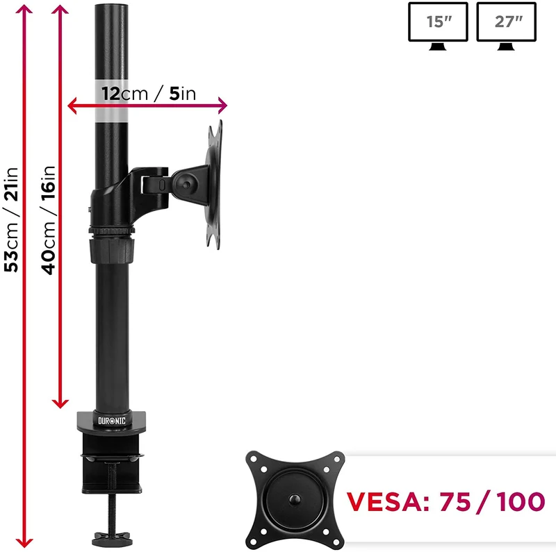 Duronic DM451X1 BK Braccio per un monitor da 15 a 27 pollici | Supporto per schermo singolo | Inclinazione e altezza regolabile | VESA 75 100 | Supporto monitor PC ergonomico con morsetto