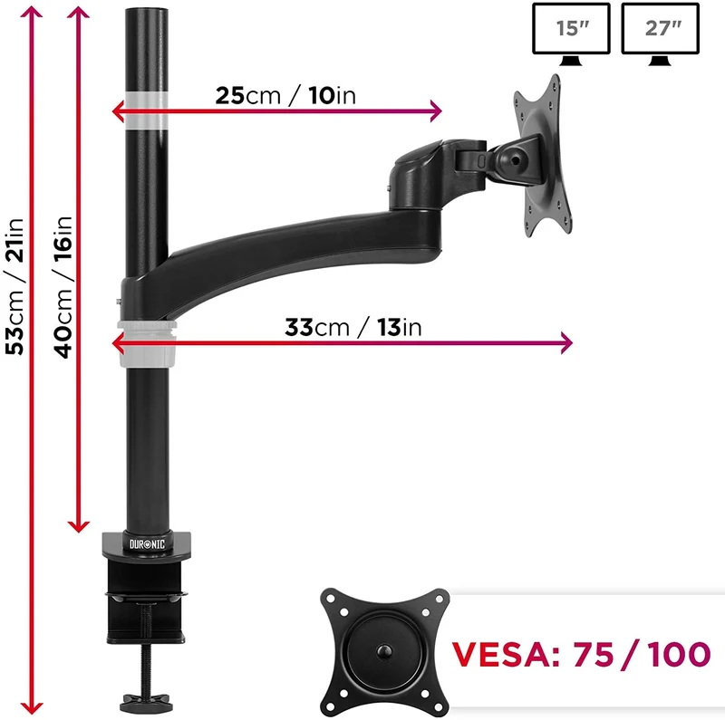 Duronic DM451X2 BK Braccio per un monitor da 15 a 27 pollici | Supporto per schermo singolo | Inclinazione e altezza regolabile | VESA 75 100 | Supporto monitor PC ergonomico con morsetto
