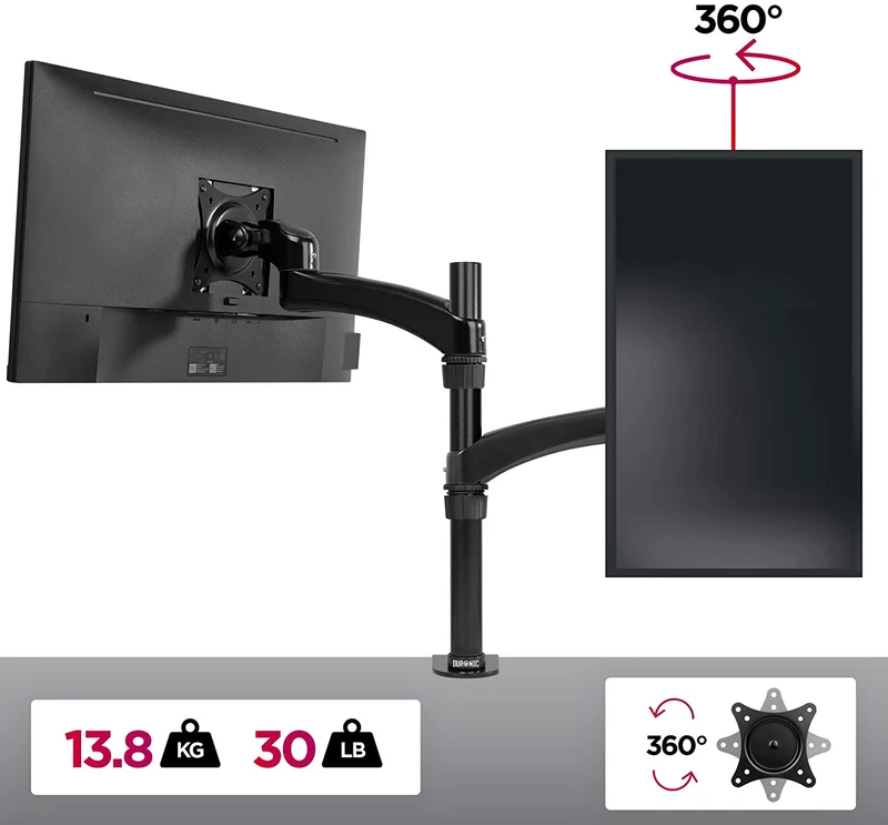 Duronic DM451X2 BK Braccio per un monitor da 15 a 27 pollici | Supporto per schermo singolo | Inclinazione e altezza regolabile | VESA 75 100 | Supporto monitor PC ergonomico con morsetto