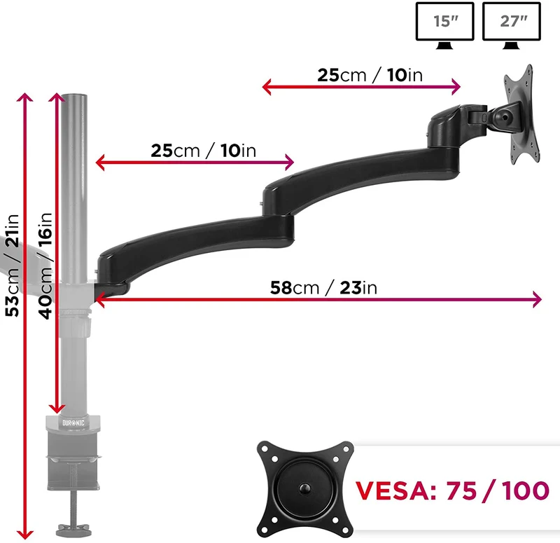 Duronic DM452 BK Supporto Monitor doppio per 2 schermi da 15-27 pollici, Braccio monitor PC ergonomico fino 8kg, VESA 75/100mm, regolabile altezza inclinazione girevole, per ufficio casa scuola, nero