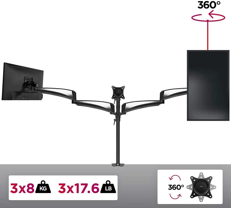 Duronic DM453 Braccio per 3 monitor da 15 a 27 pollici | Supporto schermi doppio | Inclinazione e altezza regolabile | VESA 75 100 | Supporto monitor ergonomico doppio articolato per PC nero