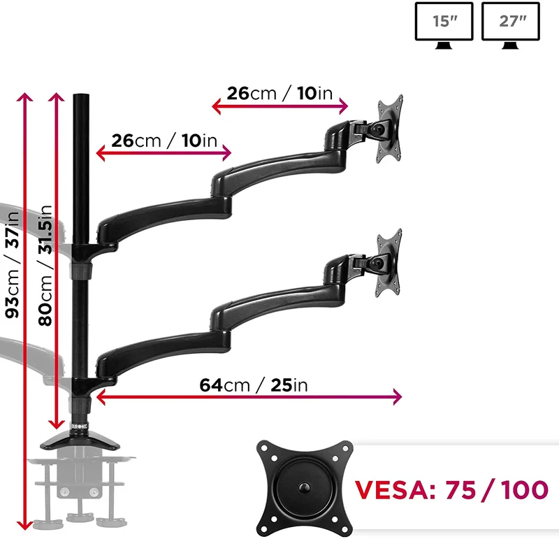 Duronic DM454 BK Braccio per 4 monitor da 13 a 27 pollici | Supporto schermi doppio | Inclinazione e altezza regolabile | VESA 75 100 | Supporto monitor ergonomico doppio articolato per PC nero