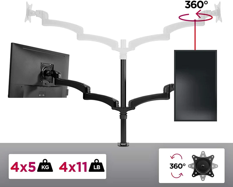 Duronic DM454 BK Braccio per 4 monitor da 13 a 27 pollici | Supporto schermi doppio | Inclinazione e altezza regolabile | VESA 75 100 | Supporto monitor ergonomico doppio articolato per PC nero